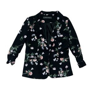 Suzy Shier Black Floral Fitted Blazer 3/4 Sleeves Women’s Size Small Collared